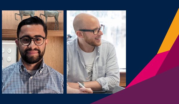 Side-by-side image featuring Dr Adel Bibi (left), Senior Researcher in Machine Learning at the University of Oxford’s Department of Engineering Science, wearing glasses and a checked shirt, and Professor Nick Hawes (right), Professor of Artificial Intelligence and Robotics and Director of the Oxford Robotics Institute, smiling and seated at a table in a light-filled room.
