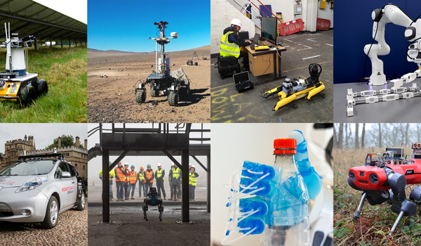 A collage of 8 images laid out in a 2 x 4, horizontal, grid. Each image is one of the robots the Oxford Robotics Institute (ORI) has either made or uses.